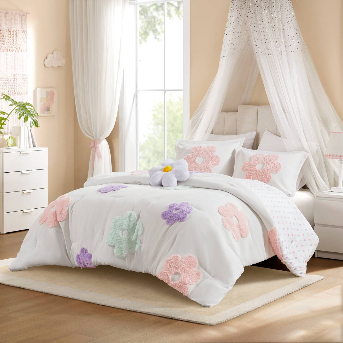 Gracie Floral Reversible Tufted Chenille Comforter Set with Flower Throw Pillow - White/Purple