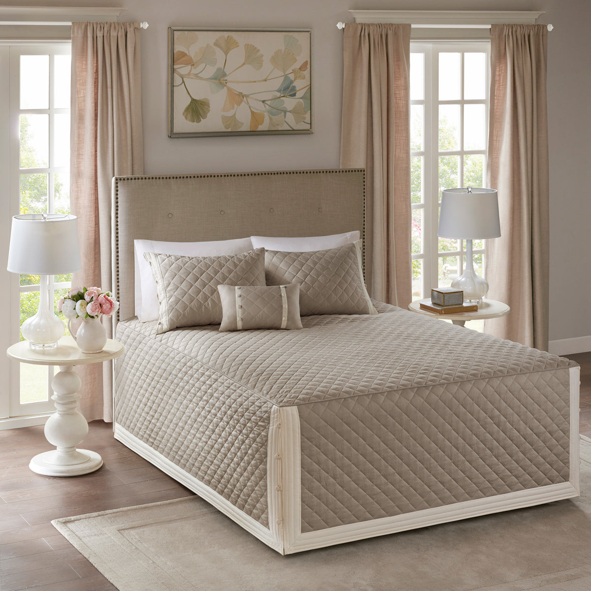 Breanna 4 Piece Cotton Reversible Tailored Bedspread Set - Khaki