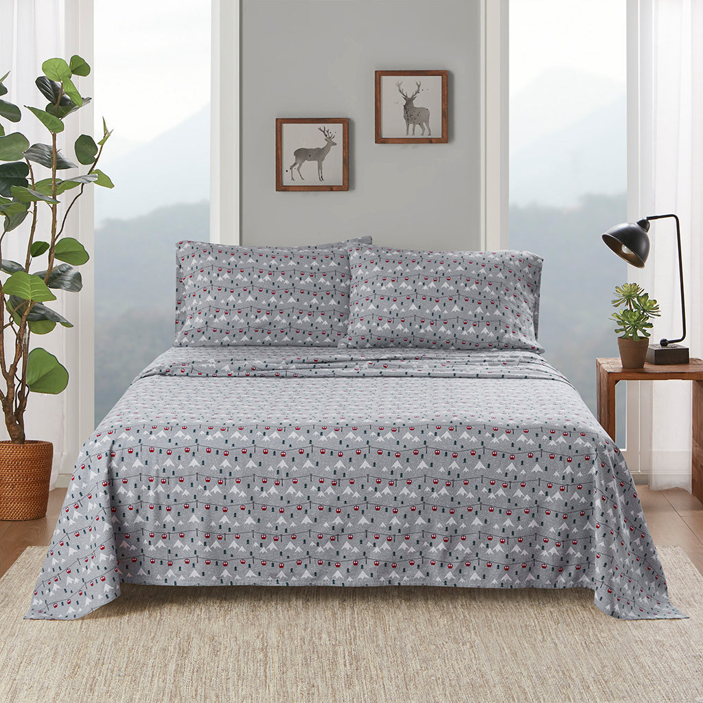 Cotton Flannel Sheet Set - Grey Ski Jump