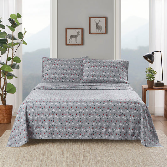 Cotton Flannel Sheet Set - Grey Ski Jump