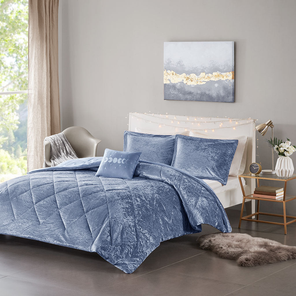 Felicia Velvet Comforter Set with Throw Pillow - Blue