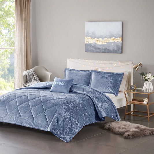 Felicia Velvet Comforter Set with Throw Pillow - Blue