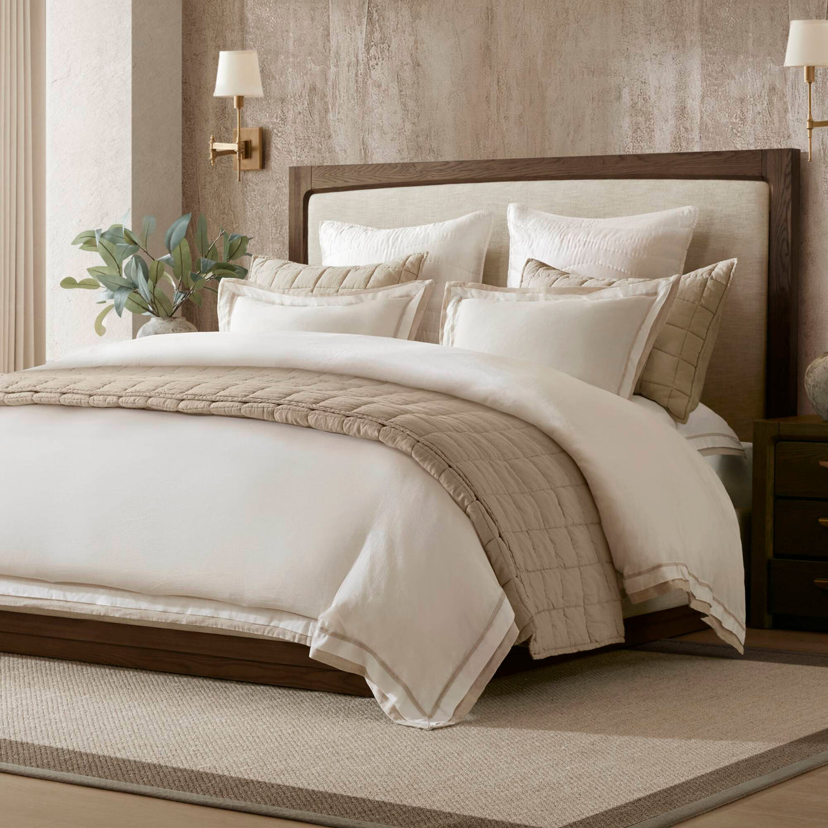 Linen Blend Double Flange Duvet Cover Set - White/Gold