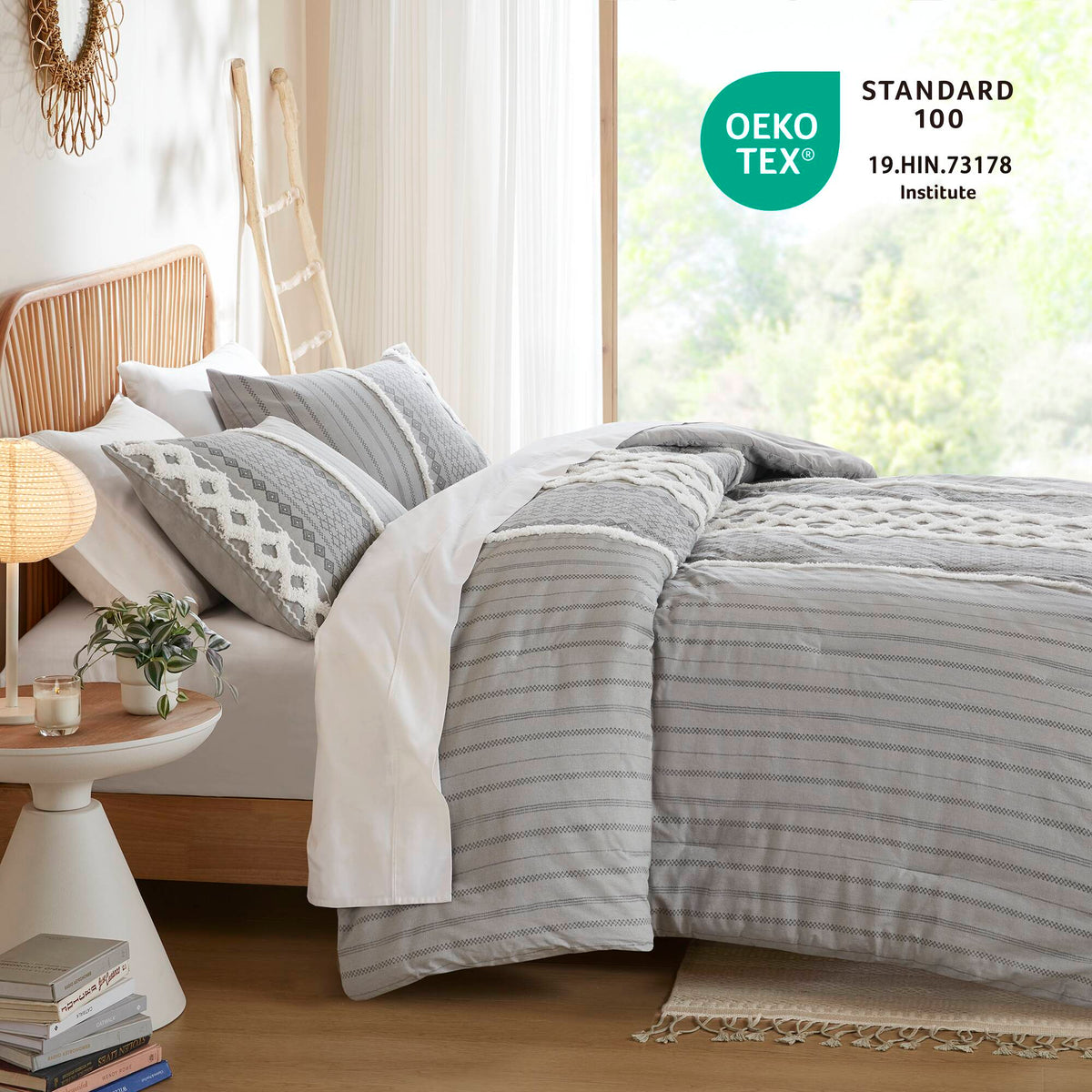 Imani Cotton Printed Comforter Set with Chenille - Gray