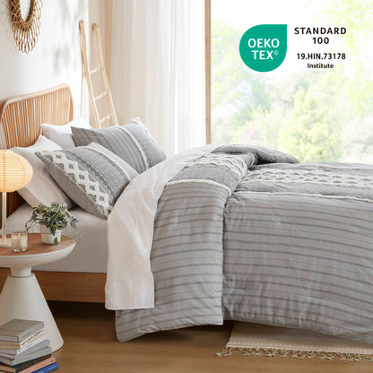Imani Cotton Printed Comforter Set with Chenille - Gray