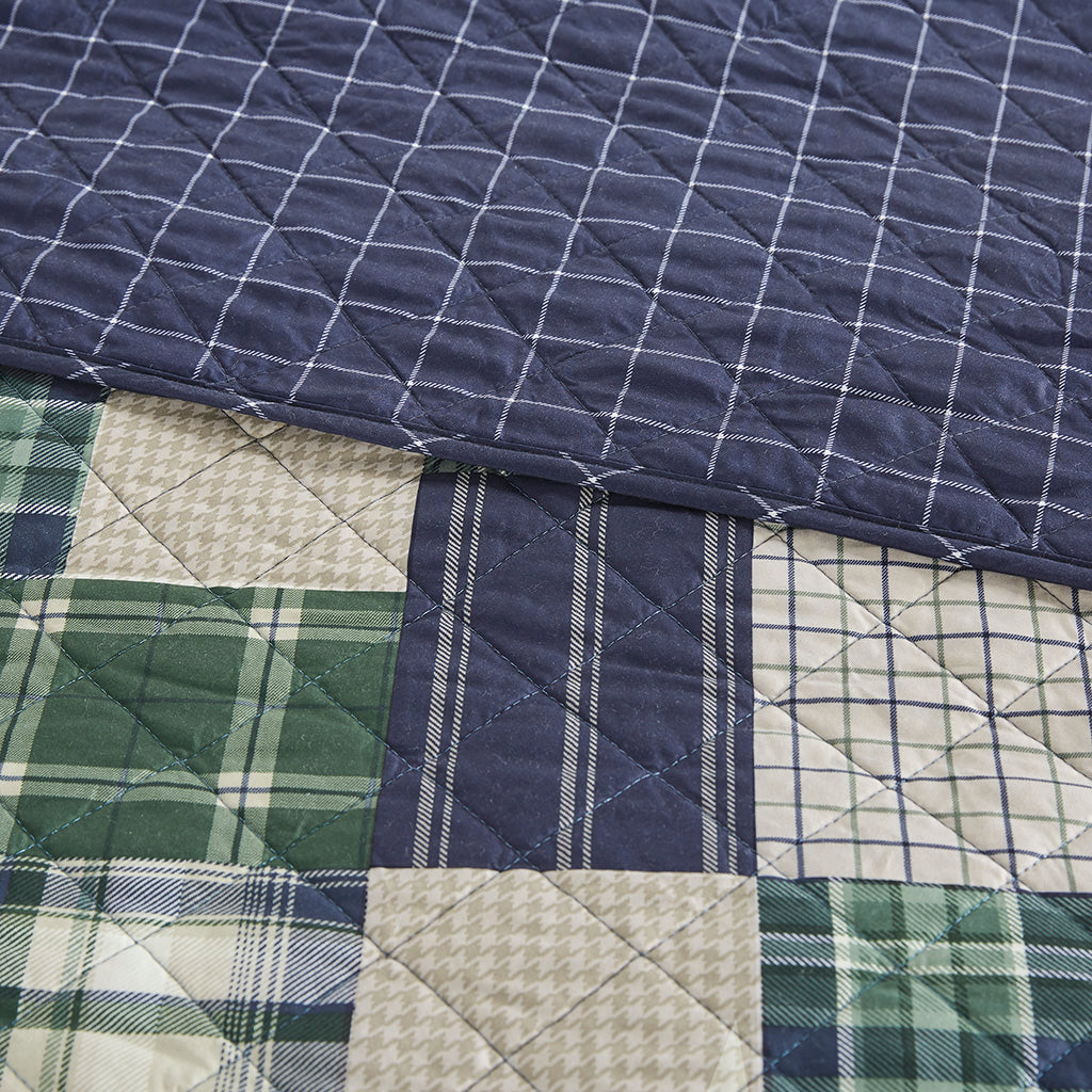 Timber 3 Piece Reversible Printed Quilt Set - Green / Navy