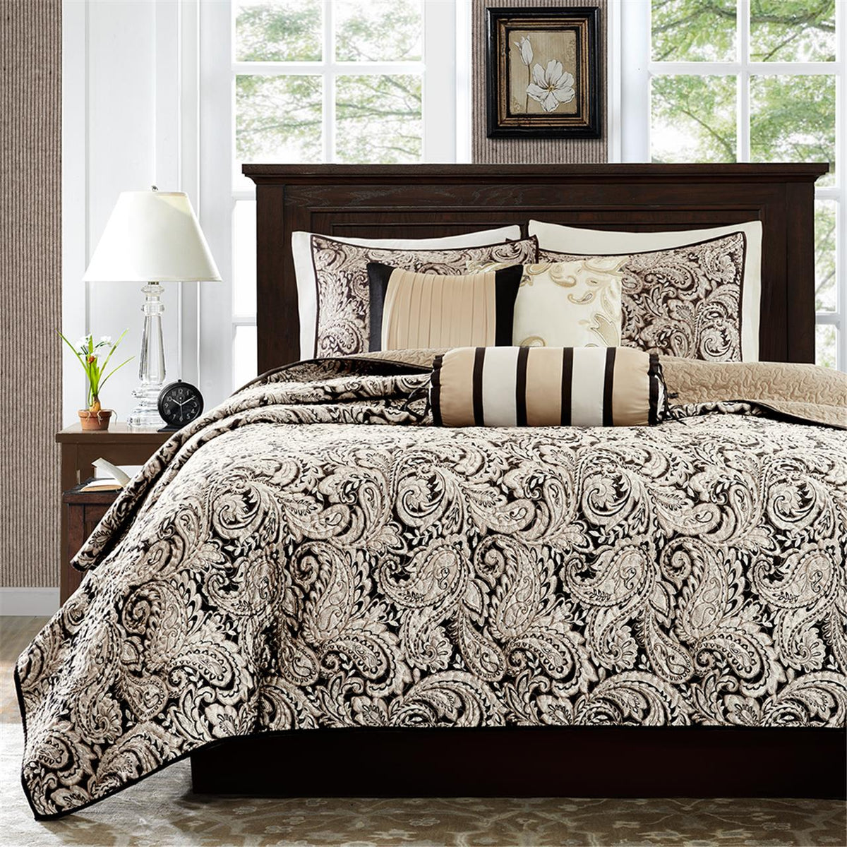 Aubrey 6 Piece Jacquard Quilt Set with Throw Pillows - Black