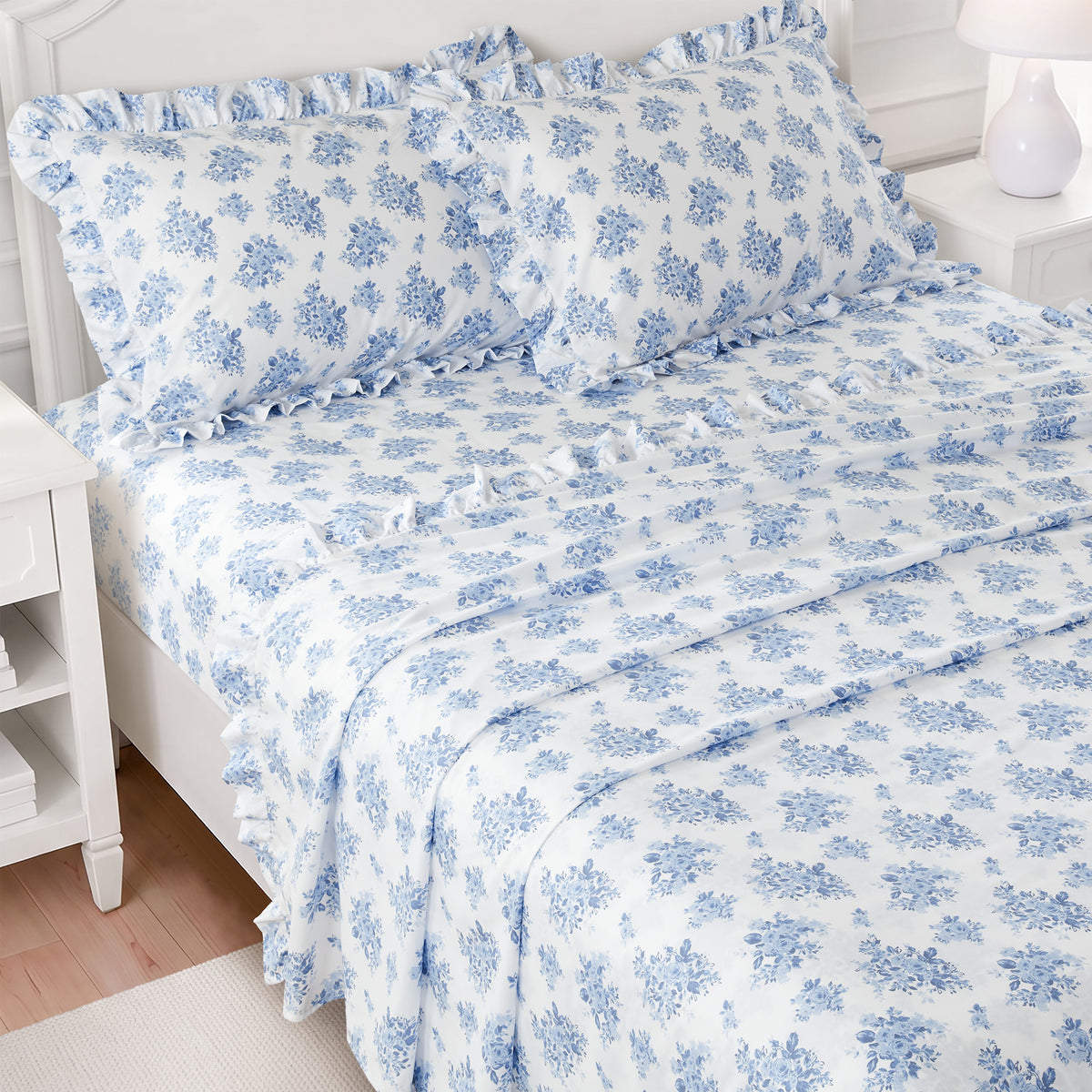Microfiber Ruffle Sheets - Blue Floral