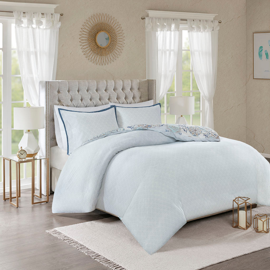 Isla 3 Piece Cotton Floral Printed Reversible Duvet Cover Set - Blue