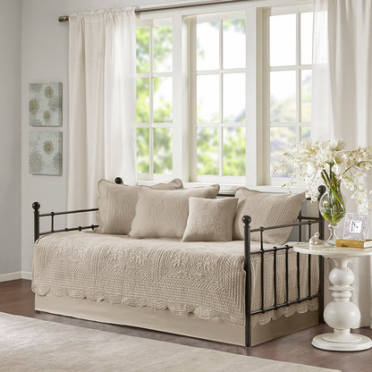 Tuscany 6 Piece Reversible Scalloped Edge Daybed Cover Set - Khaki
