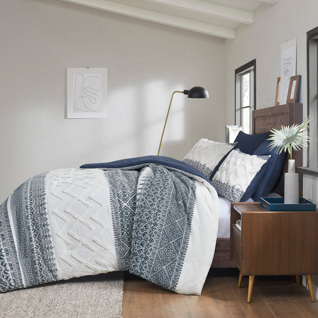 Mila 3 Piece Cotton Comforter Set with Chenille Tufting - Navy