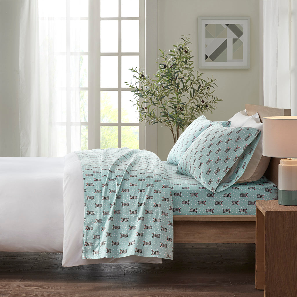 Cozy Cotton Flannel Printed Sheet Set - Aqua French Bulldog