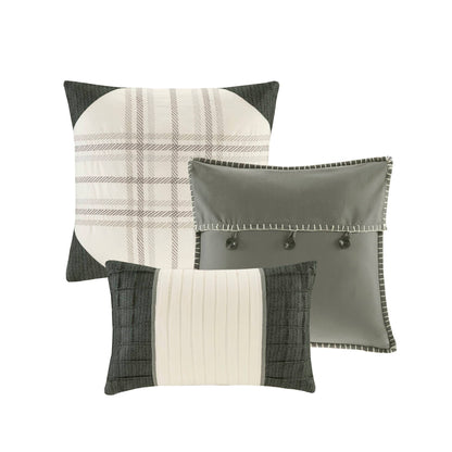 Ridge 6 Piece Printed Herringbone Quilt Set with Throw Pillows - Grey