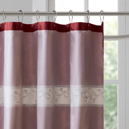 Serene Faux Silk Embroidered Floral Shower Curtain - Red