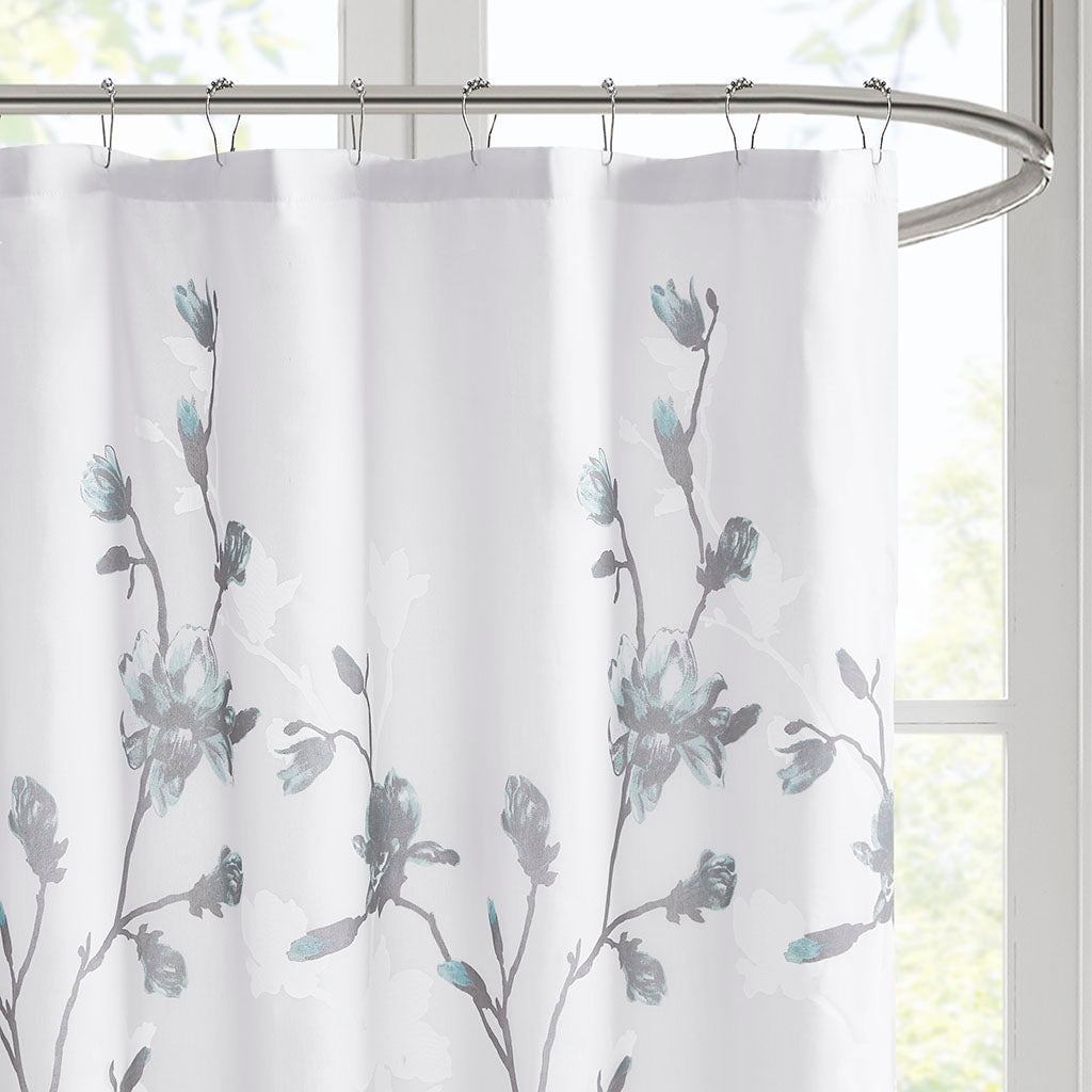 Magnolia Floral Printed Burnout Shower Curtain - Aqua