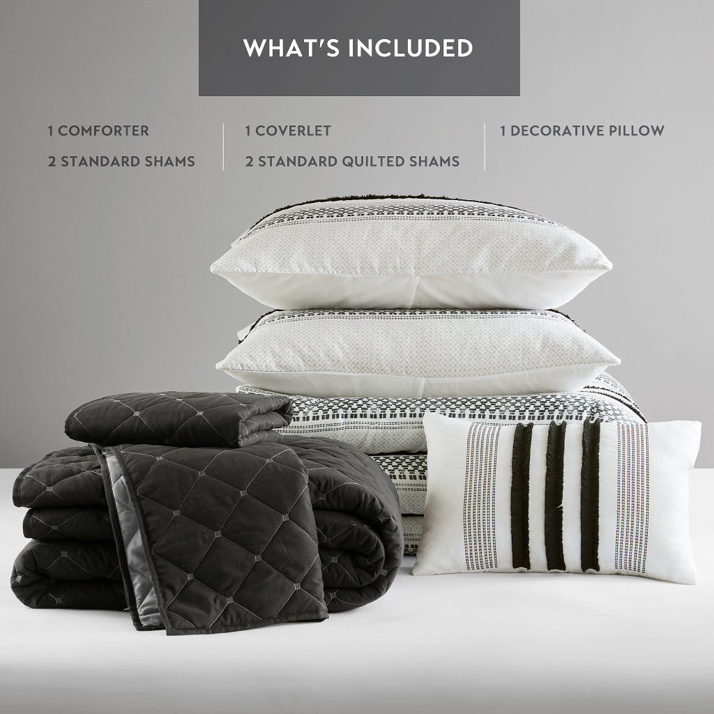 Carolina 7 Piece Stripe Comforter and Quilt Set - Black