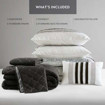Carolina 7 Piece Stripe Comforter and Quilt Set - Black
