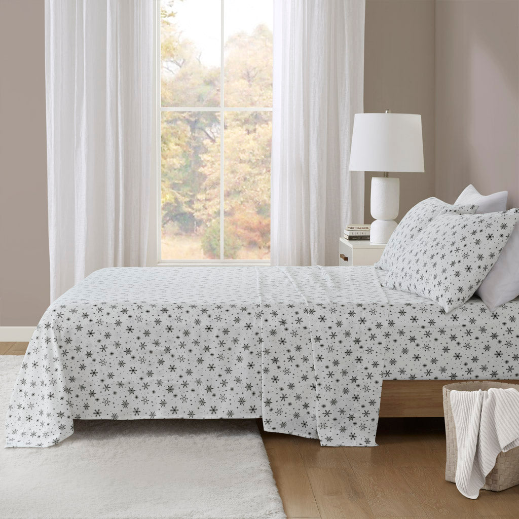 Oversized Cotton Flannel 4 Piece Sheet Set - Black Snowflakes