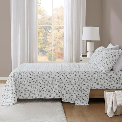 Oversized Cotton Flannel 4 Piece Sheet Set - Black Snowflakes