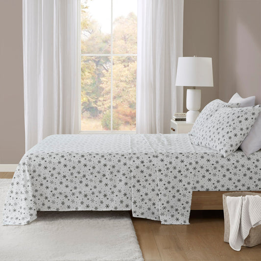 Oversized Cotton Flannel 4 Piece Sheet Set - Black Snowflakes