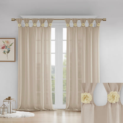 Rosette Floral Embellished Cuff Tab Top Solid Curtain Panel - Linen