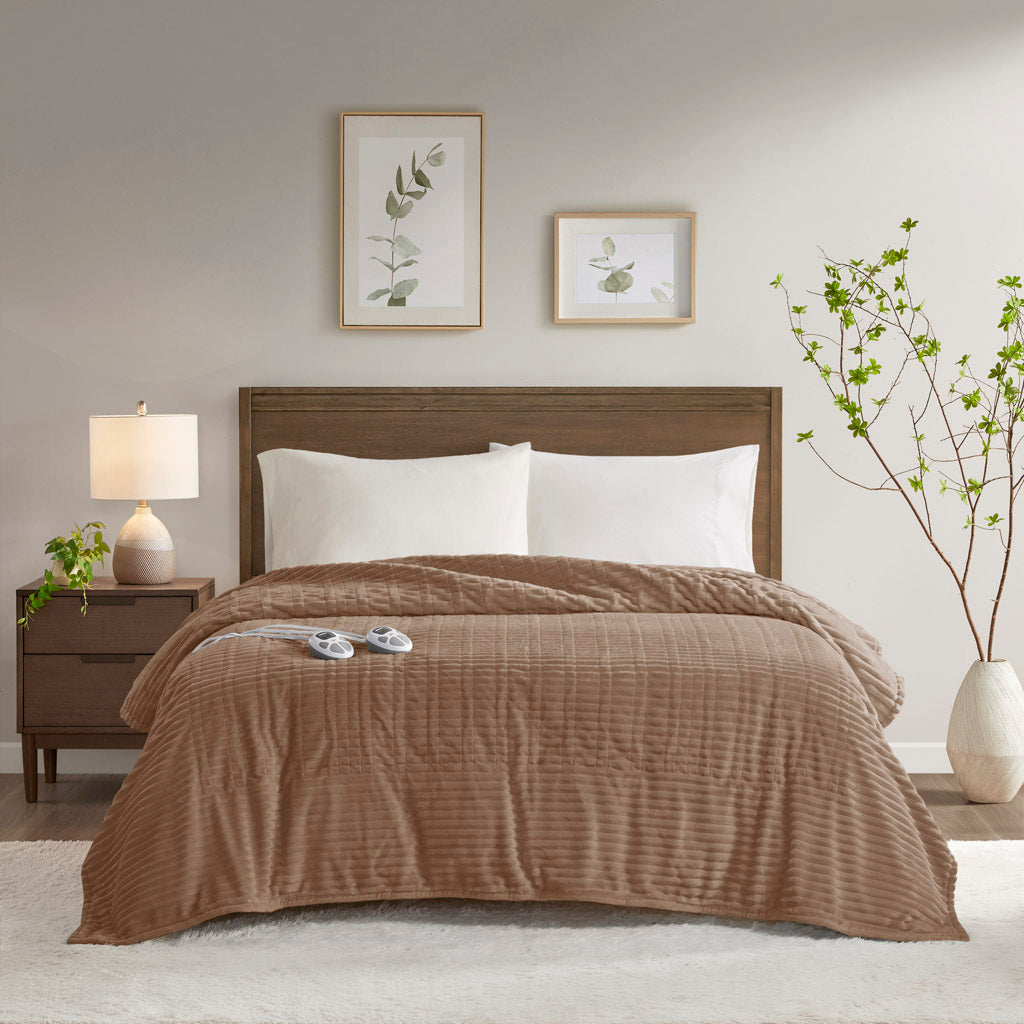 Corded Plush Heated Blanket - Brown