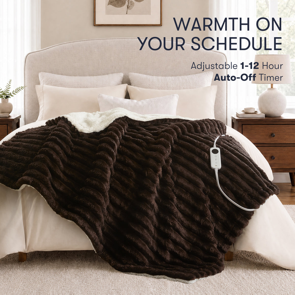 Heated Cord Plush Heated Throw - Brown