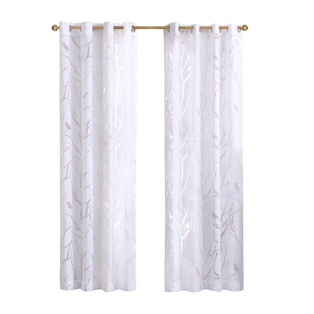 Averil Grommet Top Sheer Bird on Branches Burnout Window Curtain - White