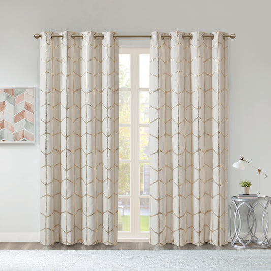 Raina Total Blackout Metallic Print Grommet Top Curtain Panel - Ivory/Gold