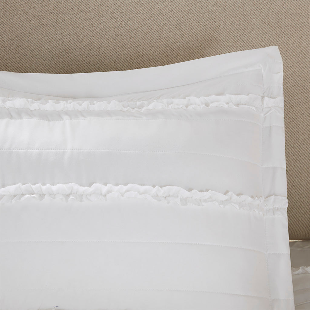 Celeste 4 Piece Microfiber Reversible Ruffle Quilt Set with Throw Pillow - White