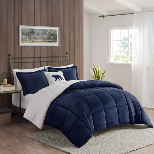 Alton Plush to Sherpa Down Alternative Comforter Set - Navy/Ivory