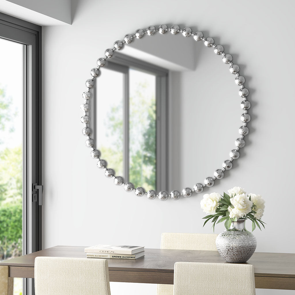 Marlowe Beaded Round Wall Mirror - Silver