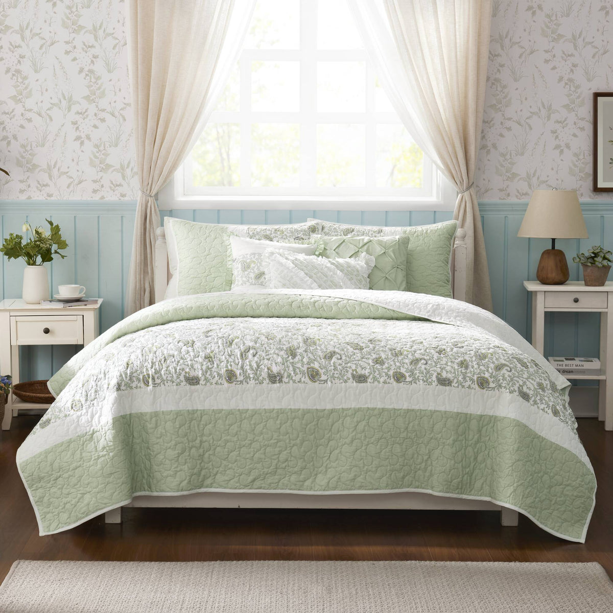 Dawn 6 Piece Cotton Percale Quilt Set with Throw Pillows - Sage Green