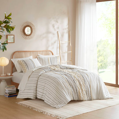 Imani Cotton Printed Comforter Set with Chenille - Ivory