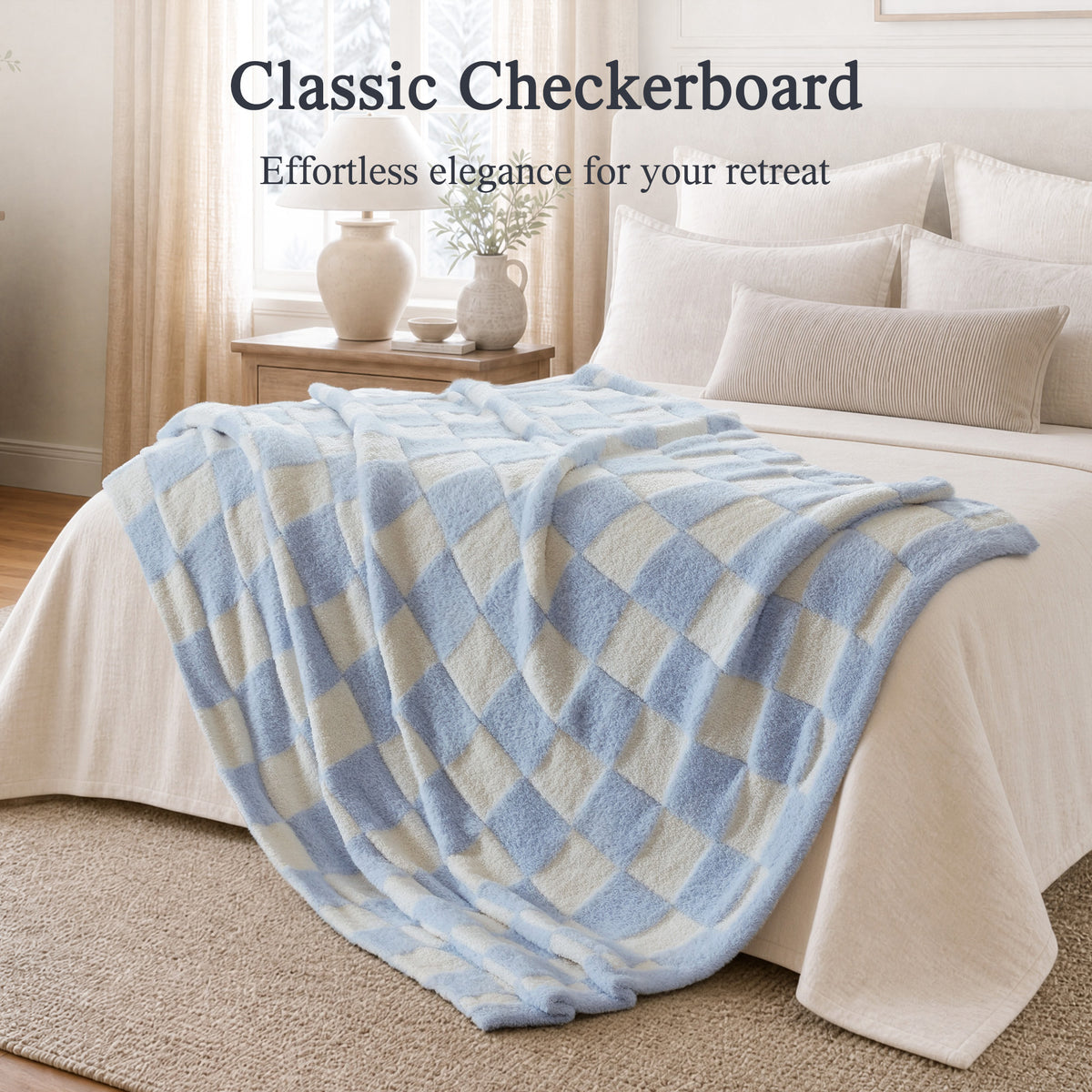 Checkerboard Feathersoft Fur Knit Throw - Blue