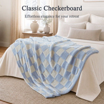 Checkerboard Feathersoft Fur Knit Throw - Blue