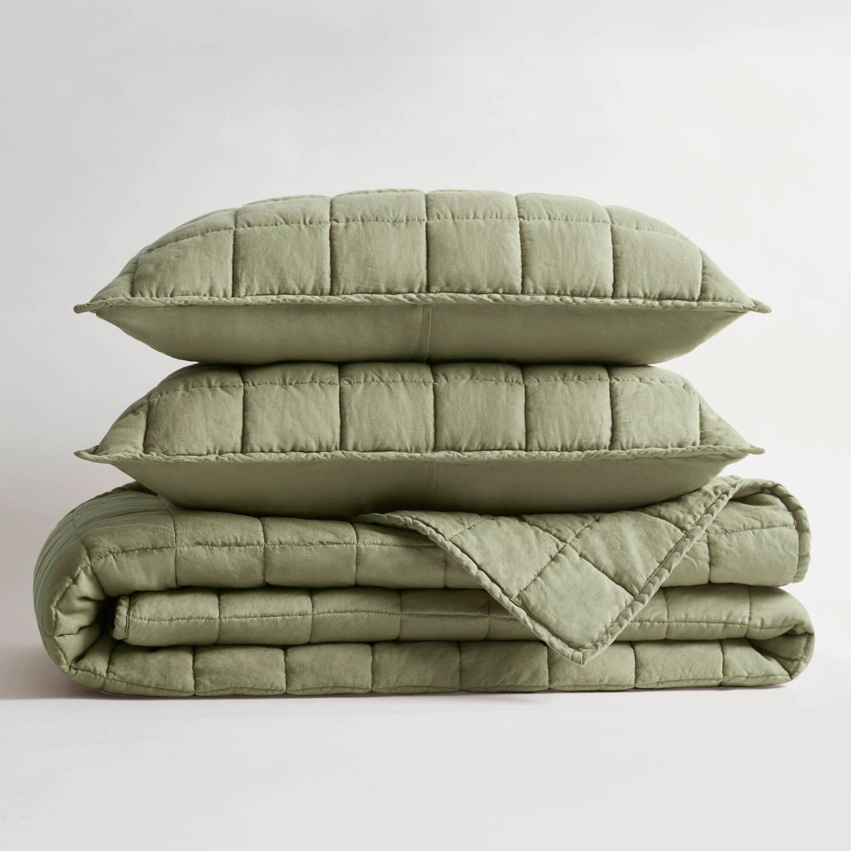 French Flax Linen Garment Washed Quilt Set - Olive Green