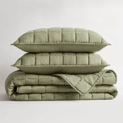 French Flax Linen Garment Washed Quilt Set - Olive Green