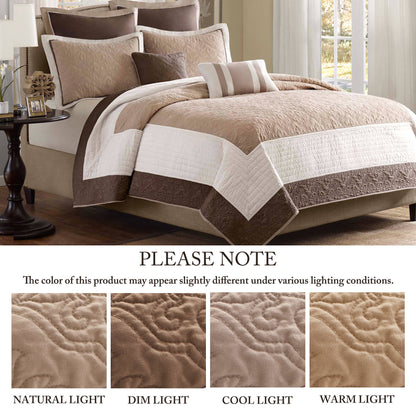 Attingham 7 Piece Quilt Set with Euro Shams and Throw Pillows - Beige