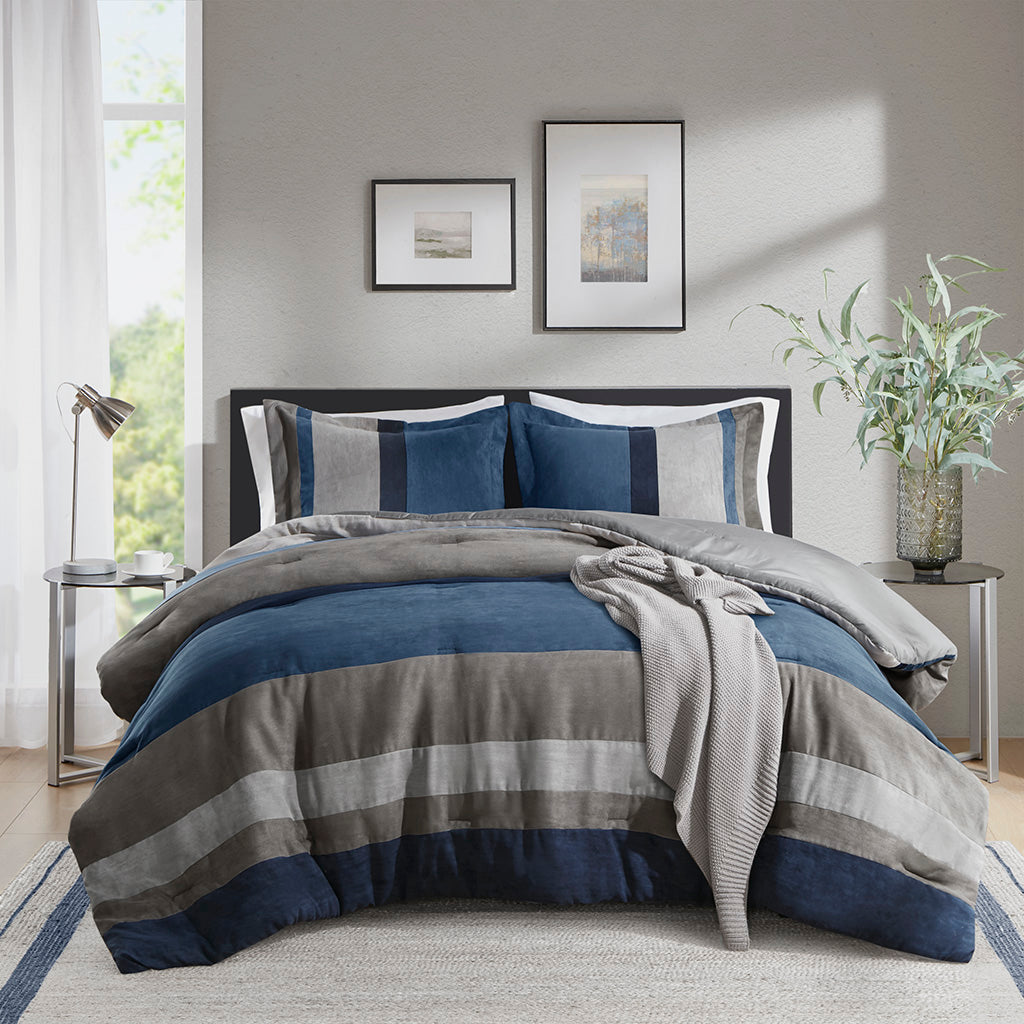 Highland Stripe Pieced Faux Suede Comforter Set - Blue