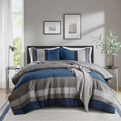 Highland Stripe Pieced Faux Suede Comforter Set - Blue