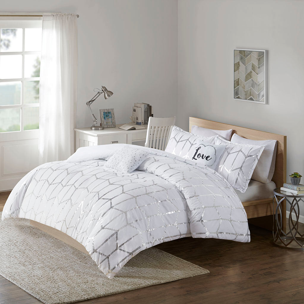 Raina Metallic Printed Comforter Set - White/Silver