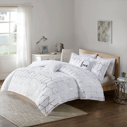 Raina Metallic Printed Comforter Set - White/Silver