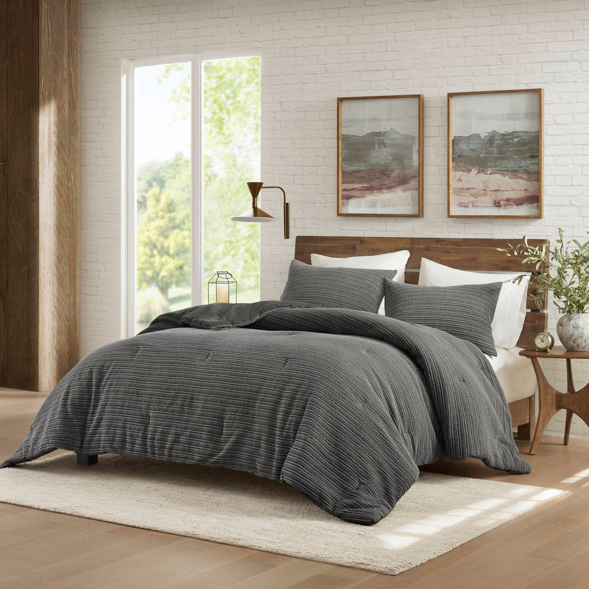 Lyon Waffle Washed Comforter Set - Charcoal