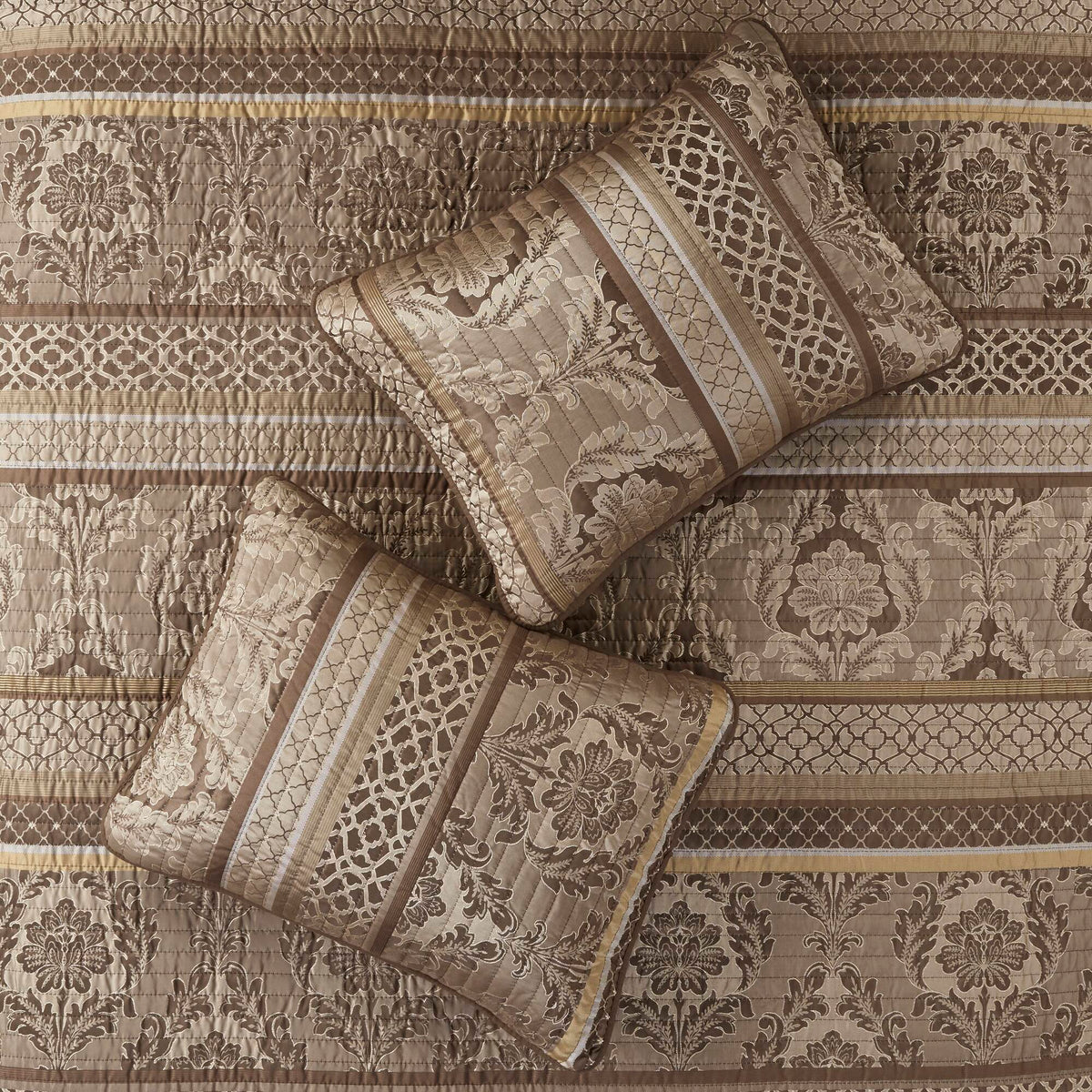 Bellagio 6 Piece Jacquard Quilt Set with Throw Pillows - Brown/Gold
