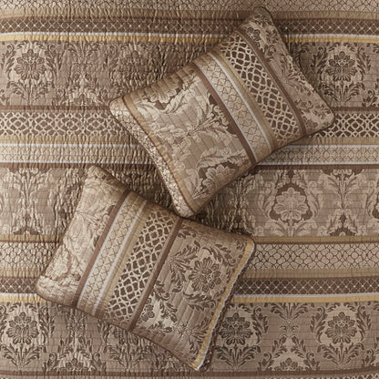 Bellagio 6 Piece Jacquard Quilt Set with Throw Pillows - Brown/Gold