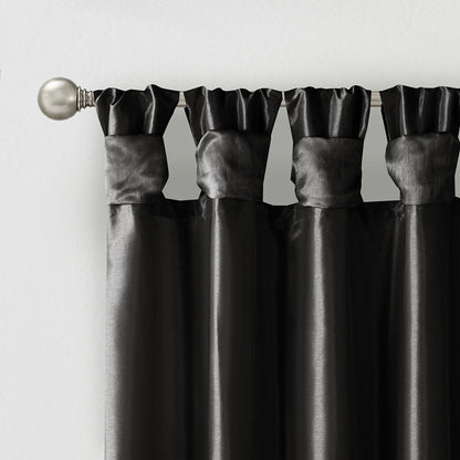 Emilia 100% Polyester Solid Faux Silk Lined Twist Tab Total Blackout Window Curtain - Black