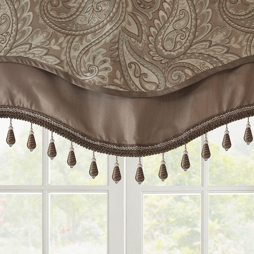 Aubrey Jacquard Window Rod Pocket Valance With Beads - Blue/Brown