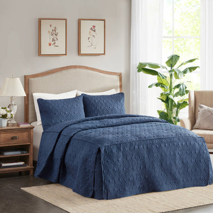 Quebec 3 Piece Split Corner Pleated Quilted Bedspread - Navy