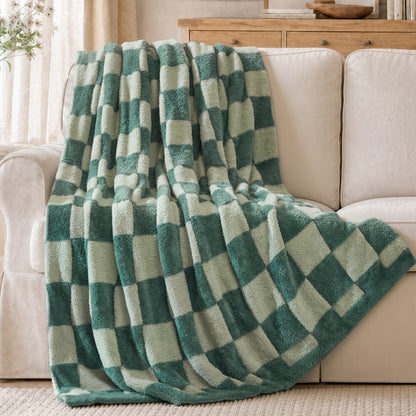 Checkerboard Feathersoft Fur Knit Throw - Green